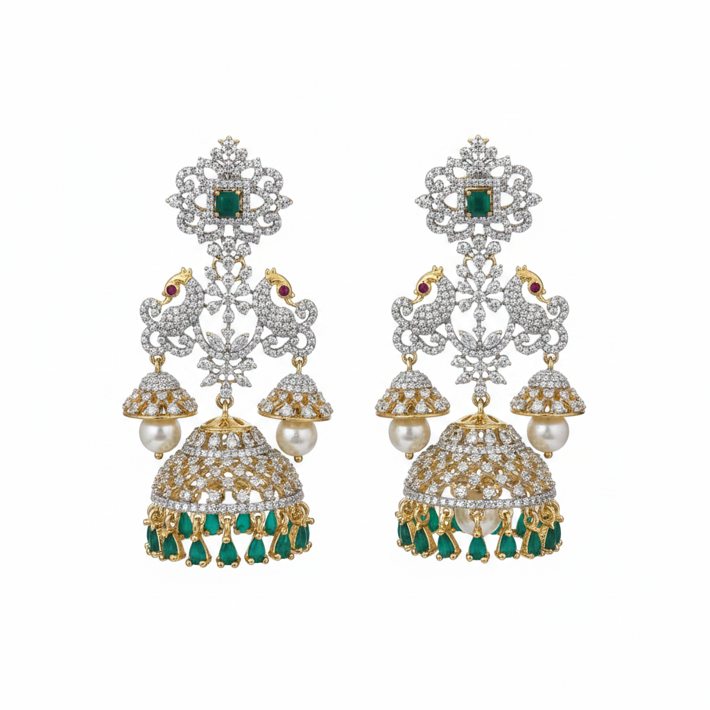 Green CZ Peacock Jhumka - White Background