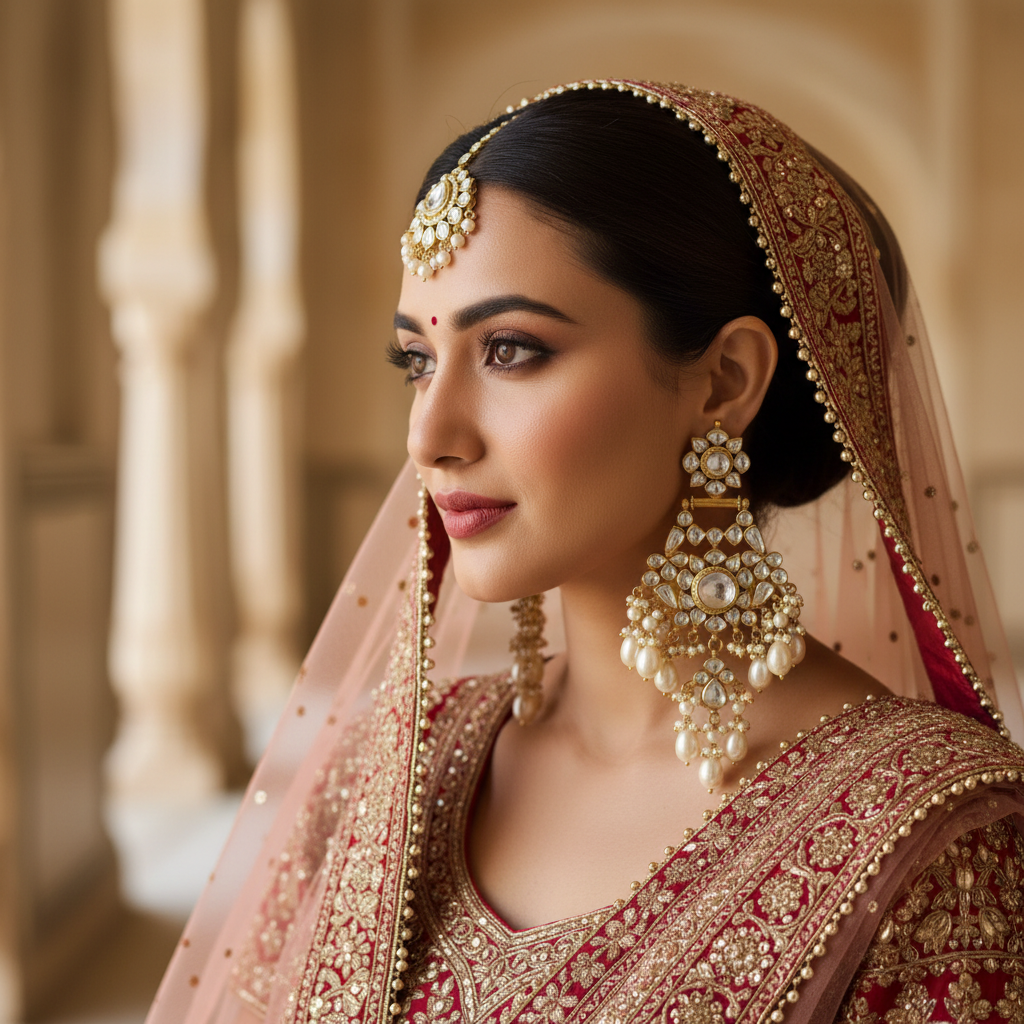 Model wearing Jadau Kundan Chandbali - Pearl Drops variant