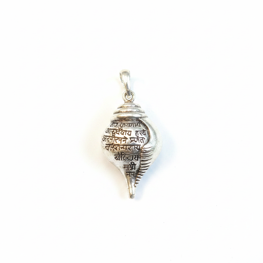 Silver Shankh Pendant with Sanskrit Mantra – white background