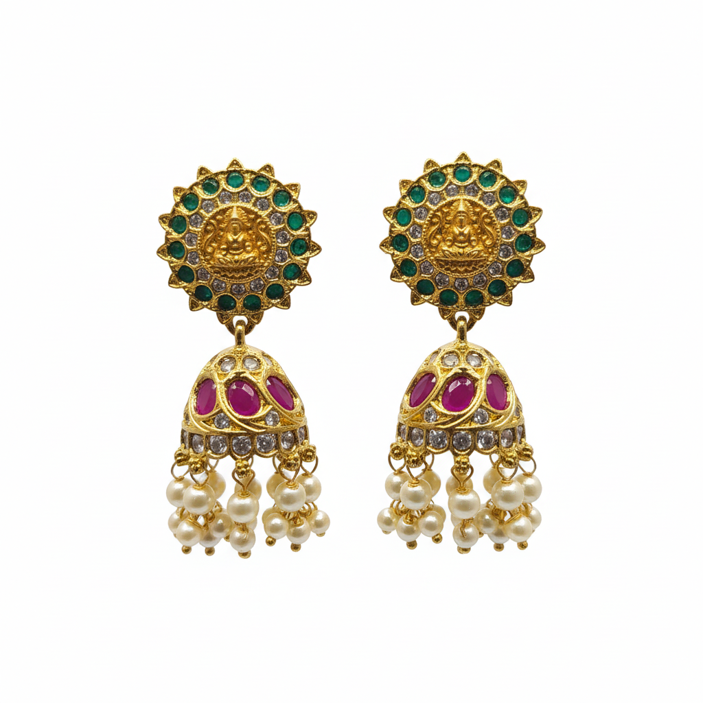 Lakshmi Sun Disc Jhumka - Emerald Stud Ruby Dome - White Background