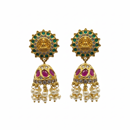 Lakshmi Sun Disc Jhumka - Emerald Stud Ruby Dome - White Background