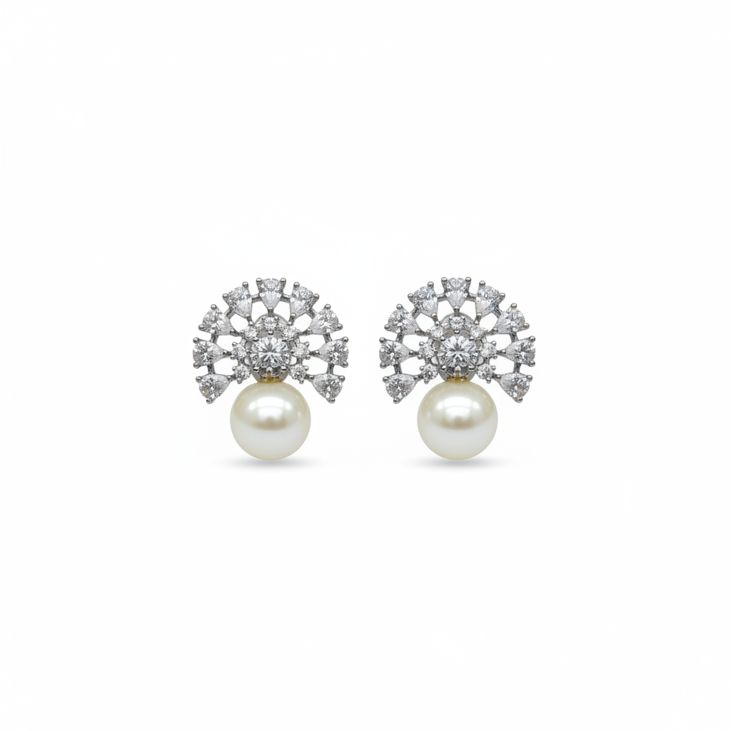 Black Rhodium Pearl Crown Stud Earrings on white background
