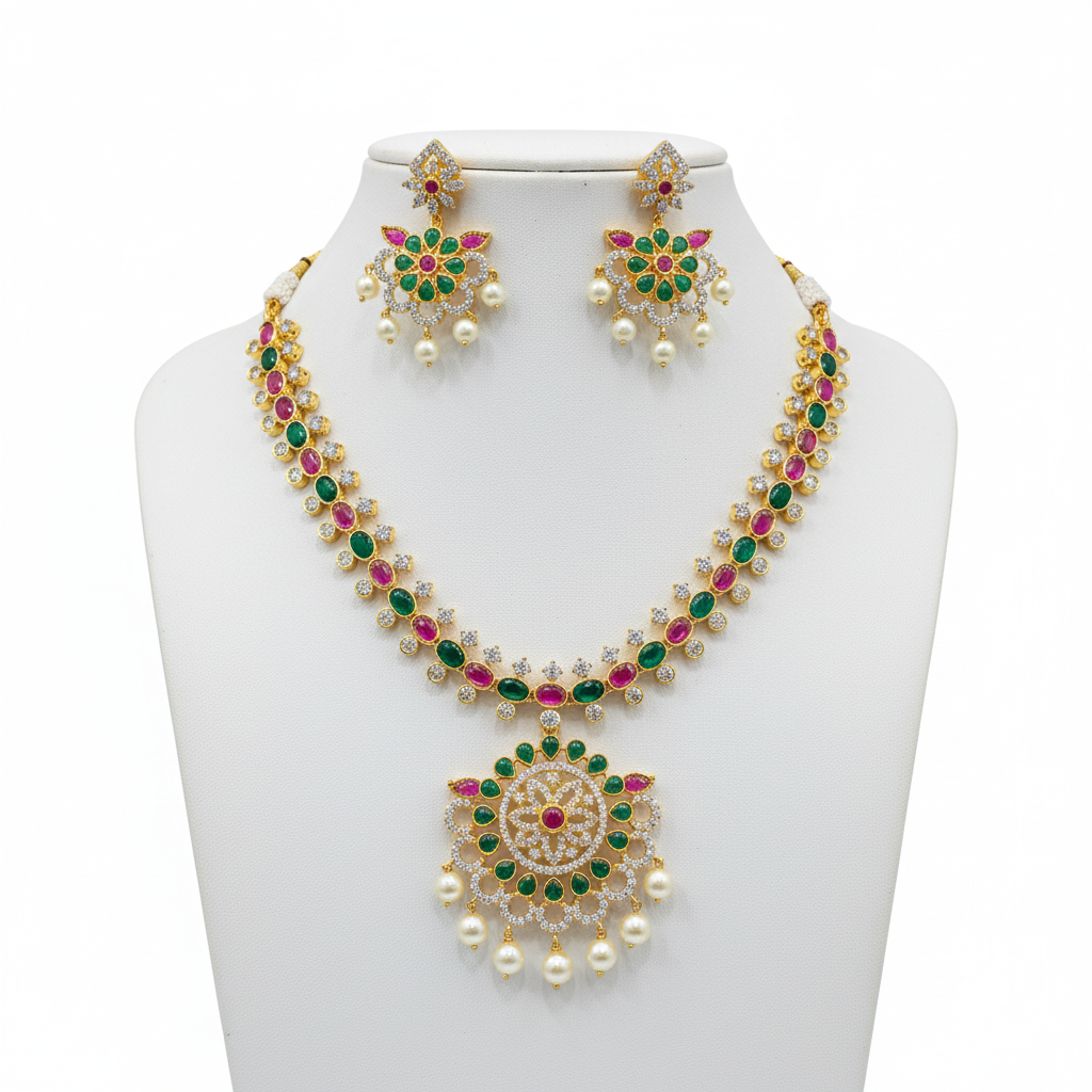 Pink ruby green CZ necklace set on mannequin bust white background