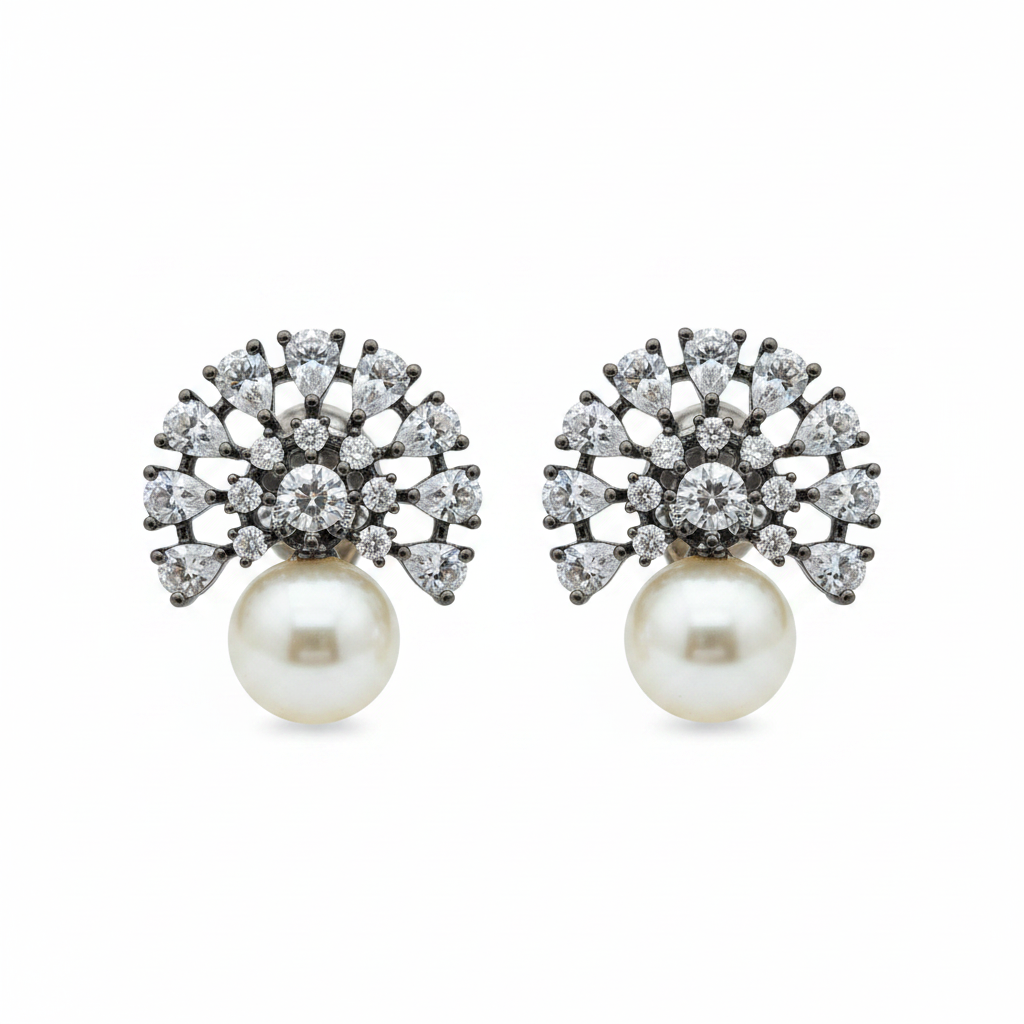 Macro close-up of Black Rhodium Pearl Crown Stud Earrings