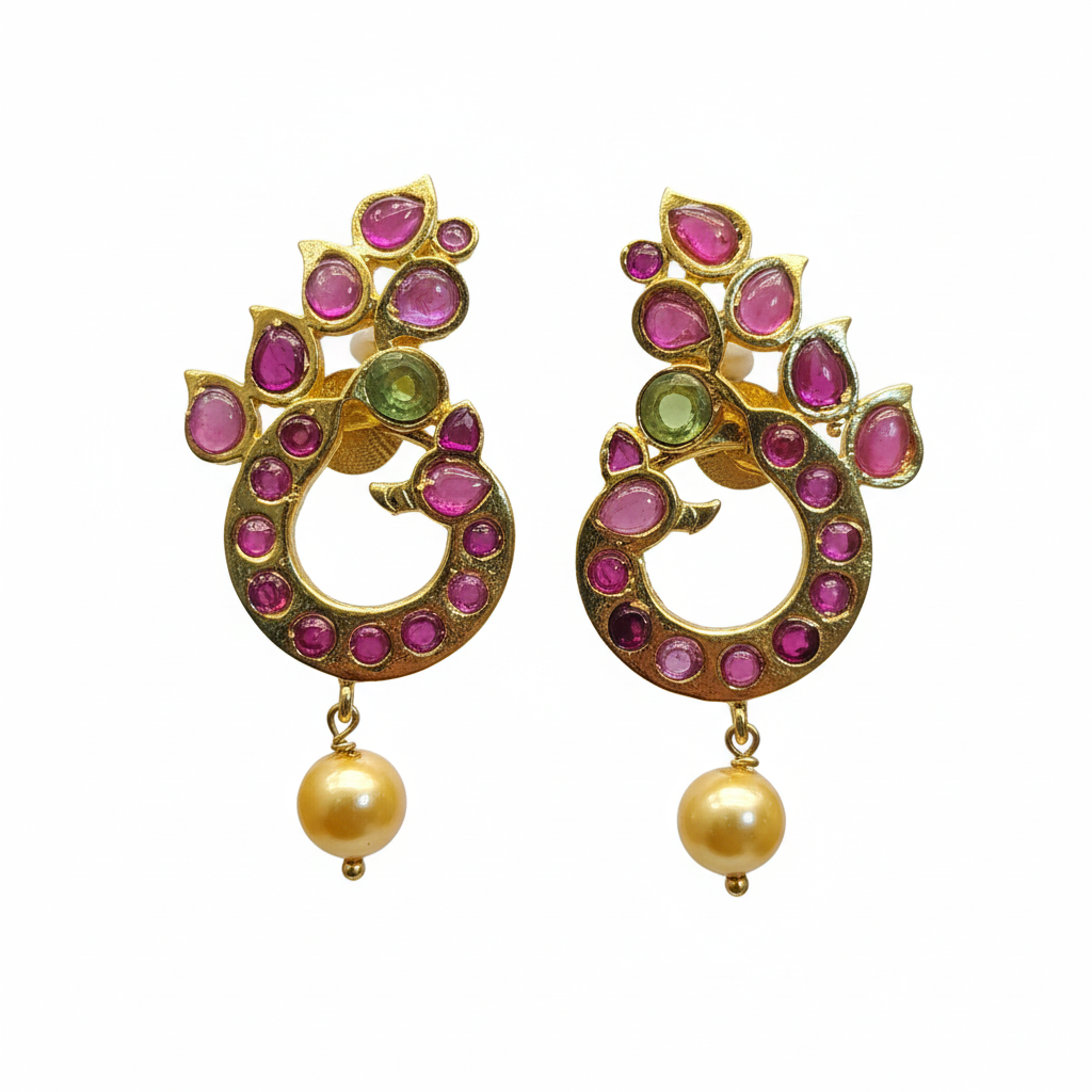 Kundan Peacock Chandbali Earrings macro close-up stone detail