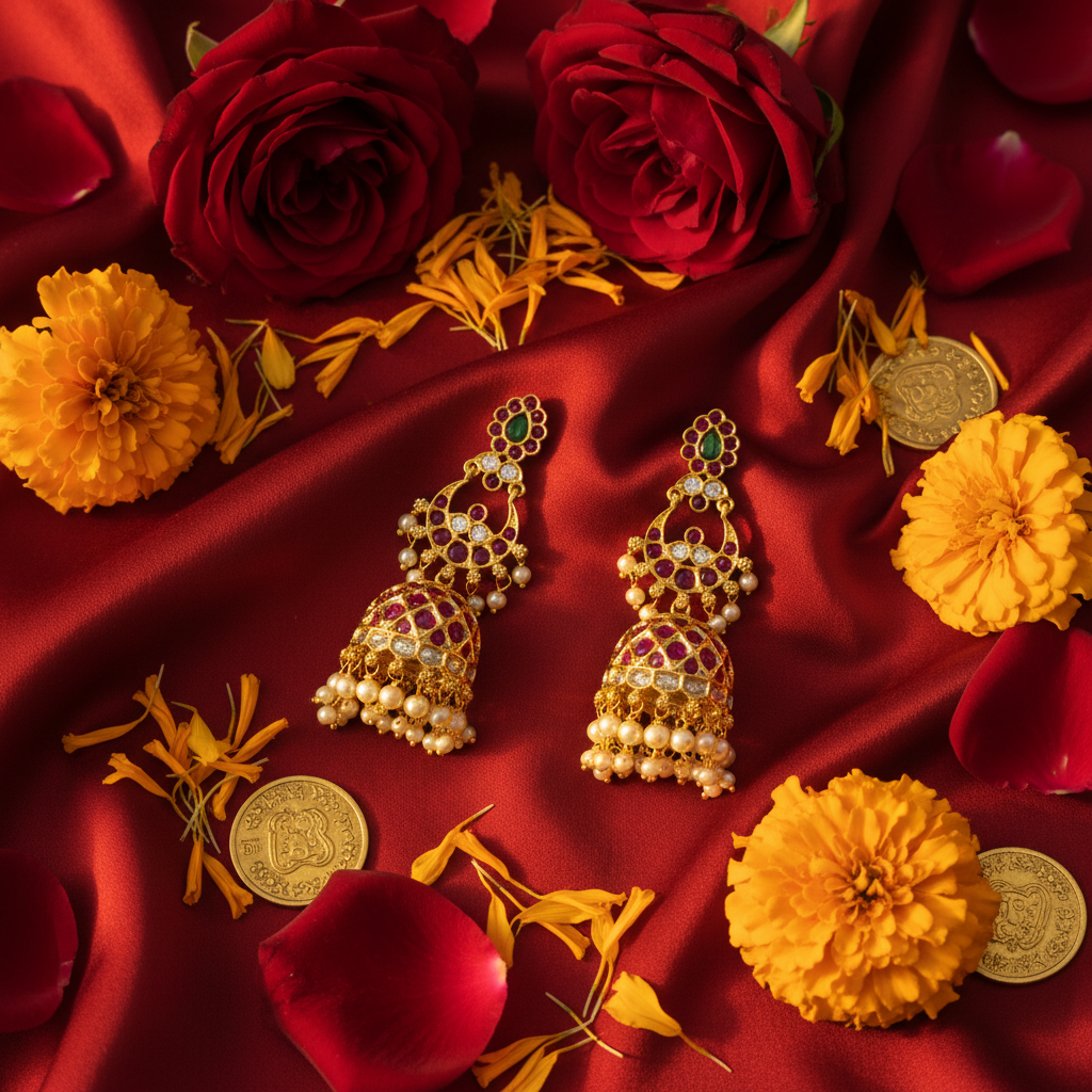 Chandbali Ruby Jhumka lifestyle flat lay