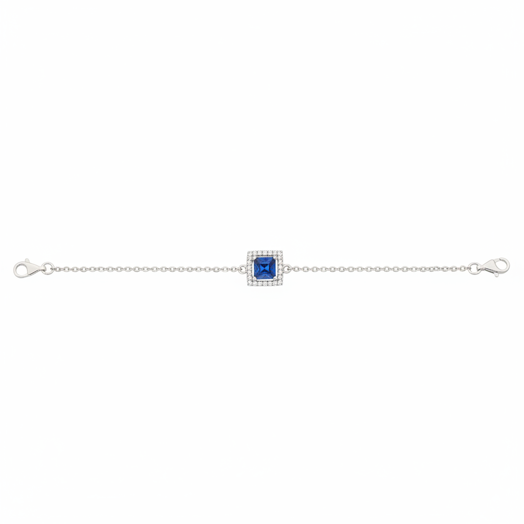 925 silver bracelet with sapphire blue gemstone on white background