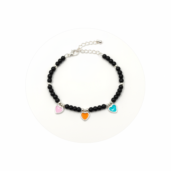 92.5 Silver Kids Bracelet with Pink Orange Turquoise Enamel Heart Charms on white background