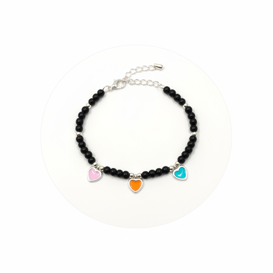 92.5 Silver Kids Bracelet with Pink Orange Turquoise Enamel Heart Charms on white background