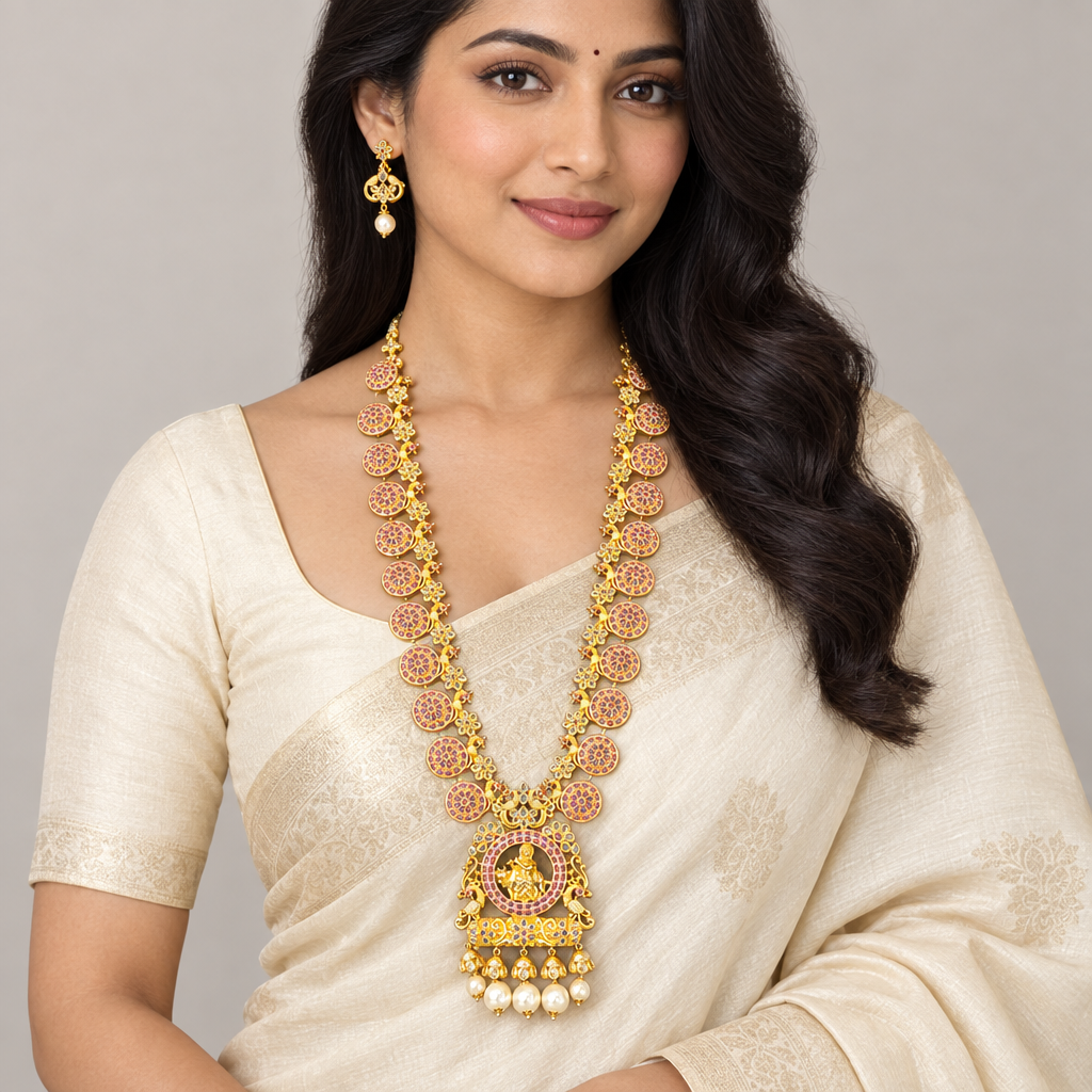 Model wearing temple haram necklace