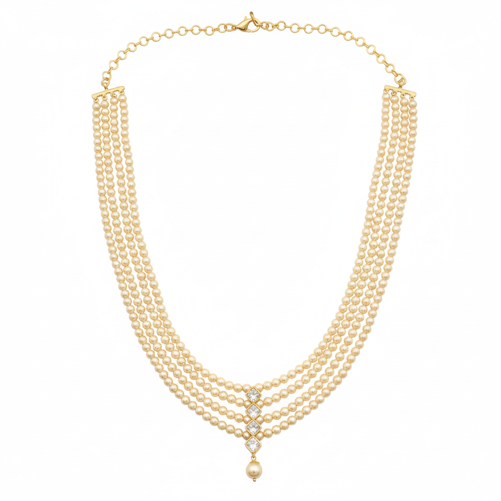 Golden pearl multi-strand necklace with diamond pendant on white background
