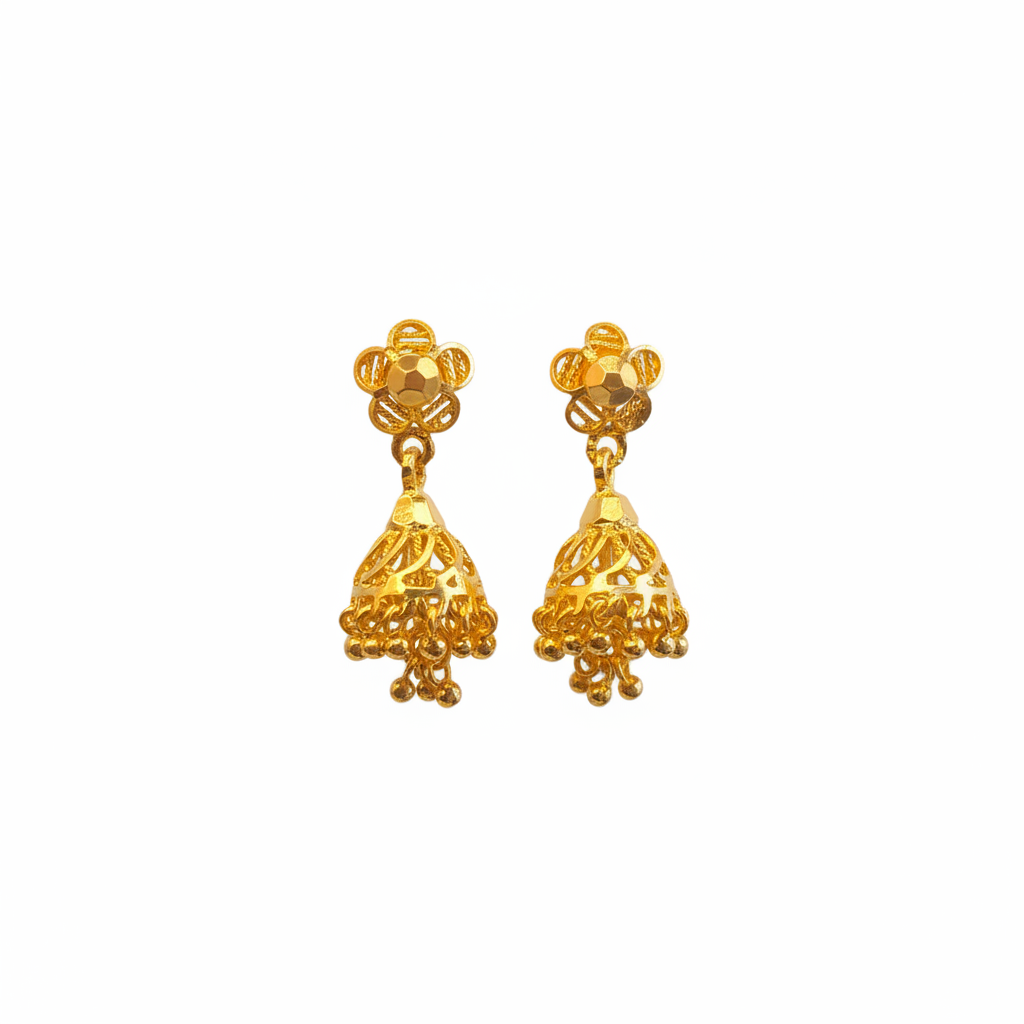 Gold Filigree Bead Fringe Jhumka on white background