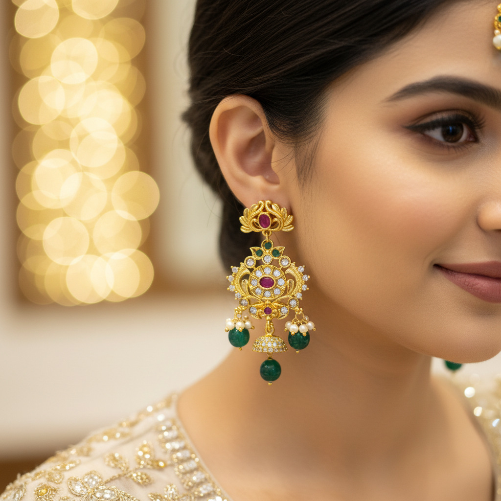Emerald Peacock Chandbali - Model Wearing Shot