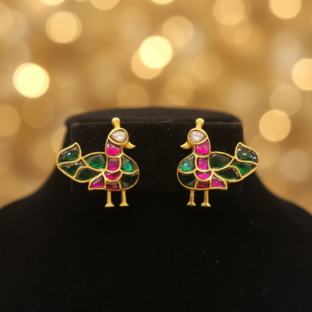Lifestyle - Jadau Kundan Peacock Stud Earrings on Black Velvet Stand