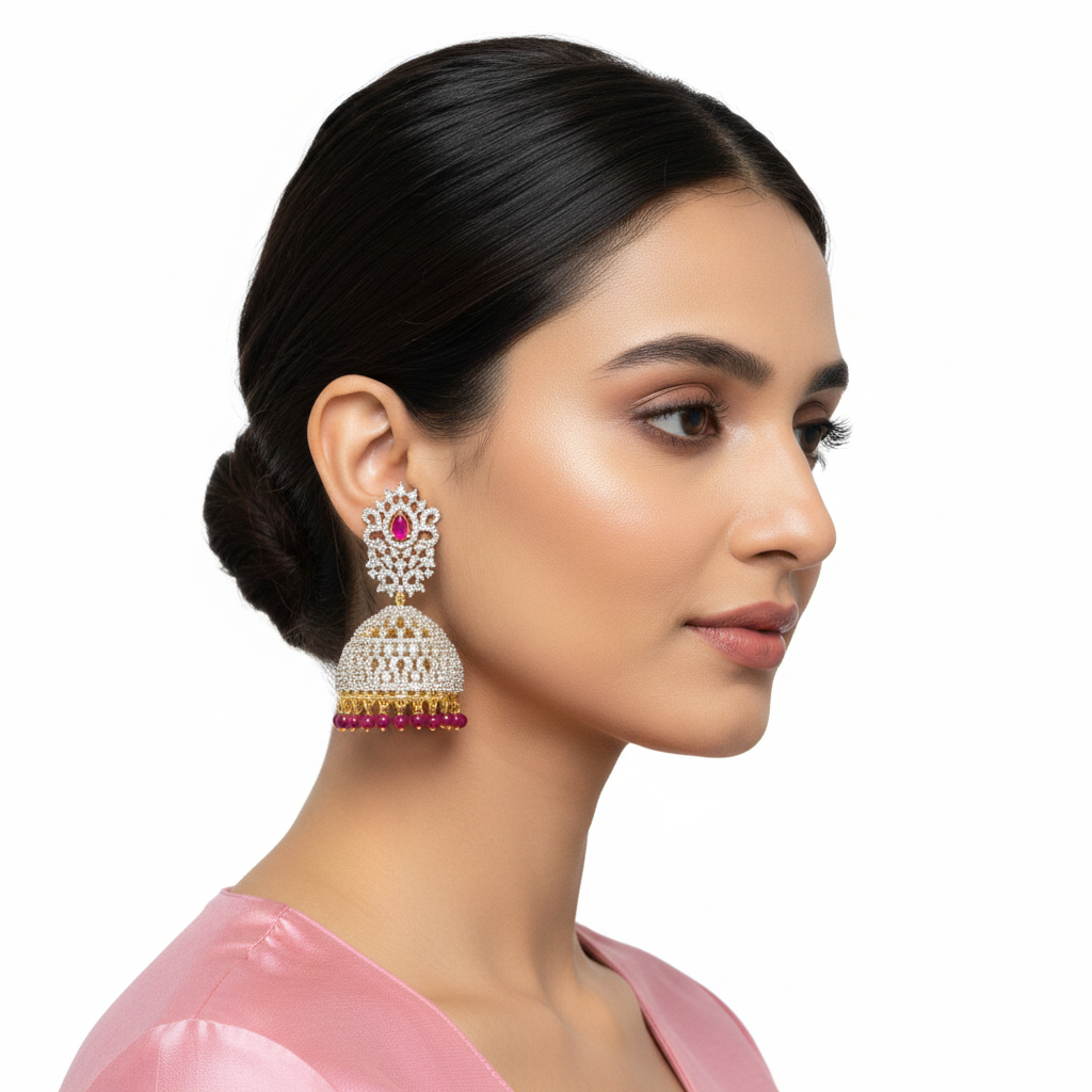 CZ diamond jhumka earrings with pink ruby bead fringe, model wearing, white background