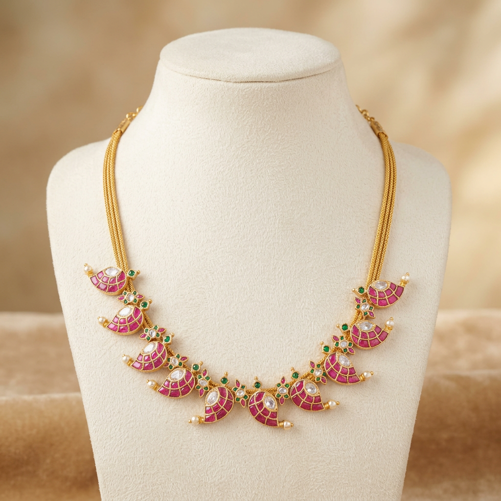 Jadau kundan mango necklace displayed on an ivory bust without earrings