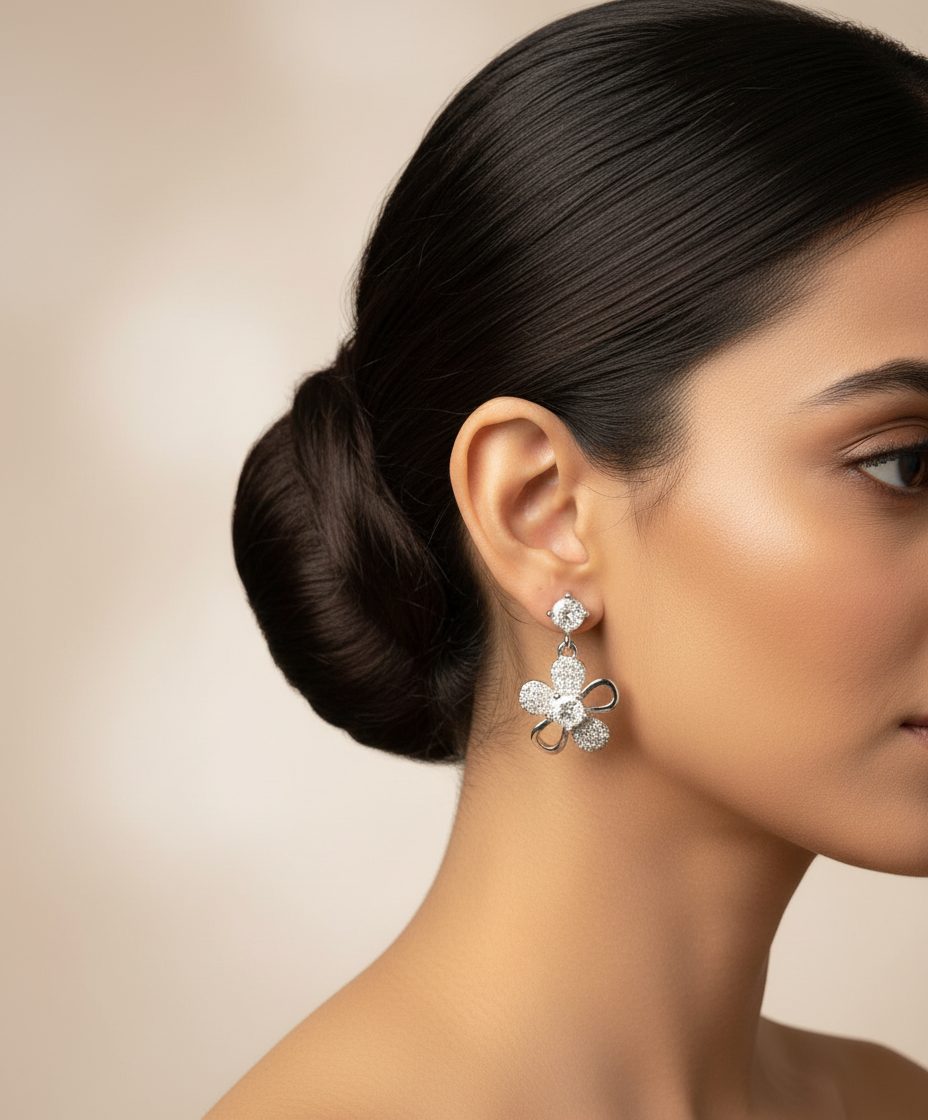 925 Silver Bow Flower Earrings with Crystal Studs