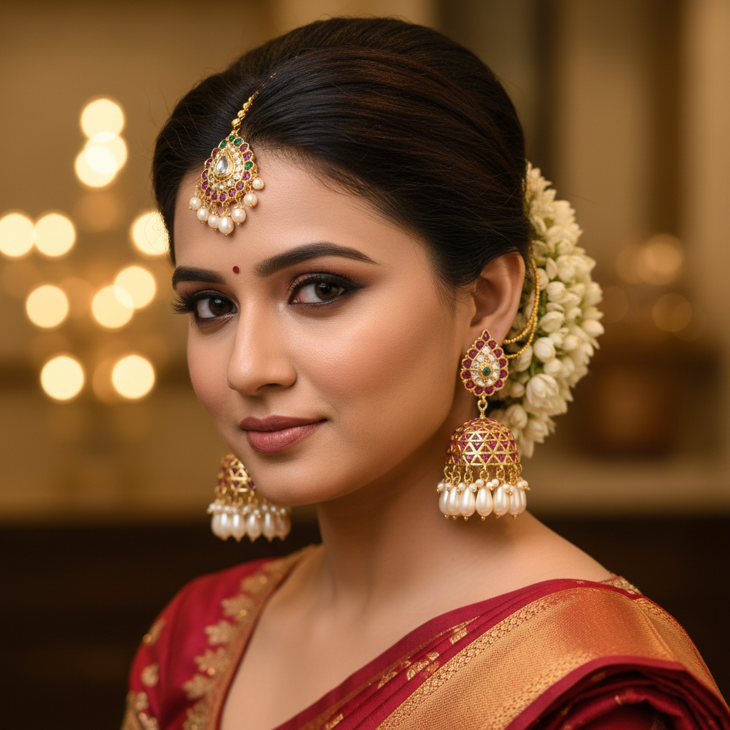 Model wearing Jadau Kundan Teardrop Jhumka – lifestyle editorial