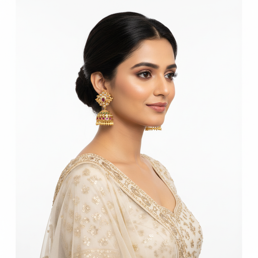 Model wearing Ruby Emerald Polki Jhumka Earrings - lifestyle photo