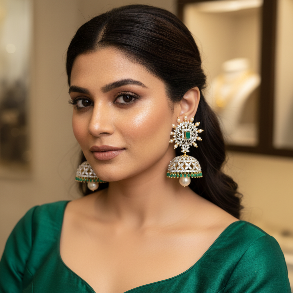 Green CZ Sunburst Jhumka - Model Wear