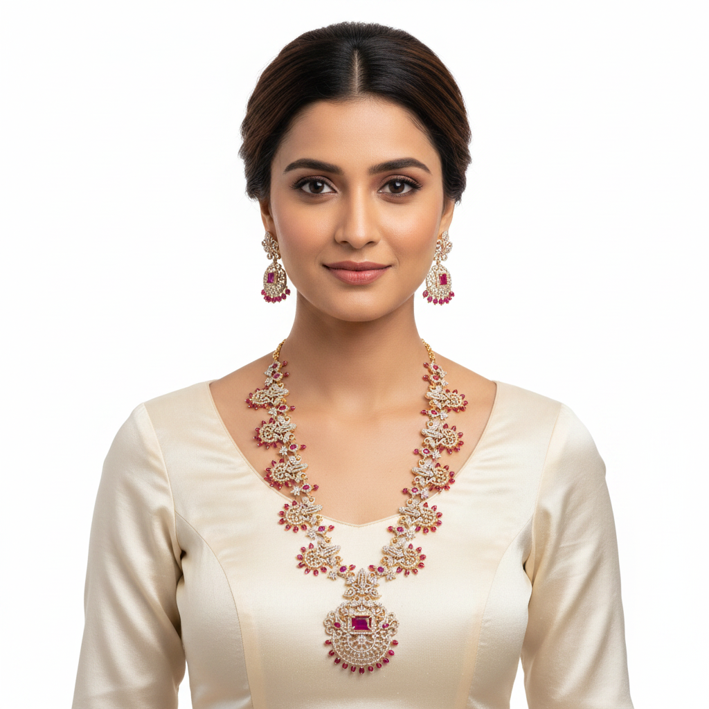 CZ Long Haram Necklace Set - Ruby Red - Model Wear