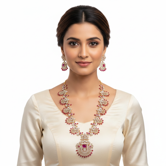 CZ Long Haram Necklace Set - Ruby Red - Model Wear