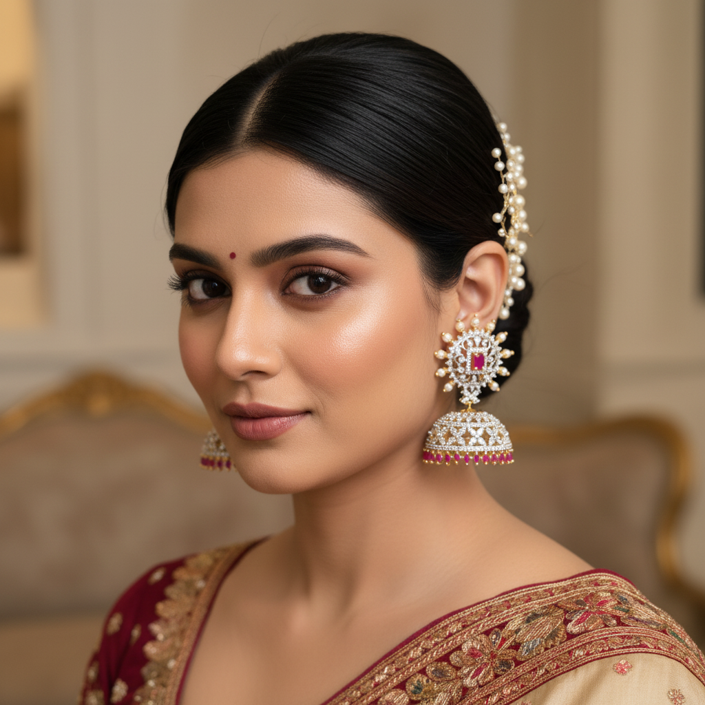 Pink CZ Sunburst Jhumka - Model Wear