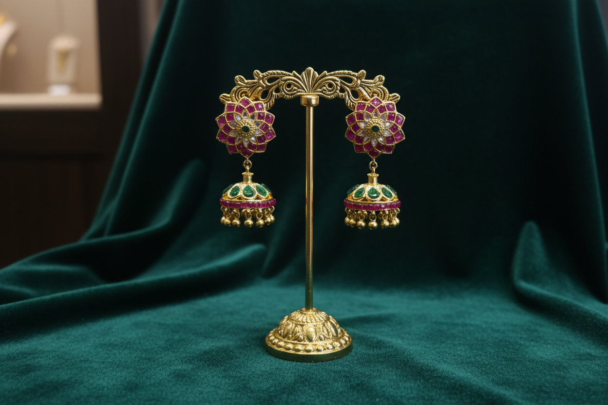 Emerald Kundan Lotus Jhumka - Boutique Display on Emerald Velvet