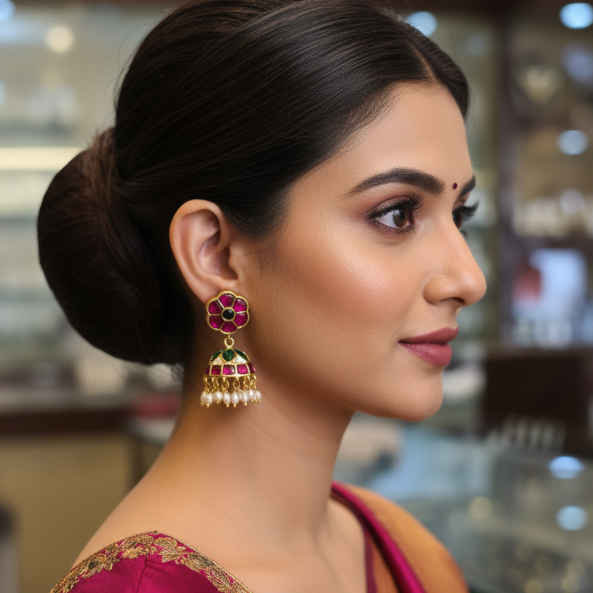 Model Wearing Jadau Kundan Flower Jhumka Earrings