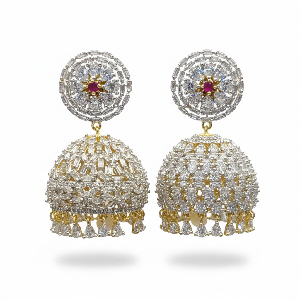 Diamond finished jhumka earrings pink variant on white background