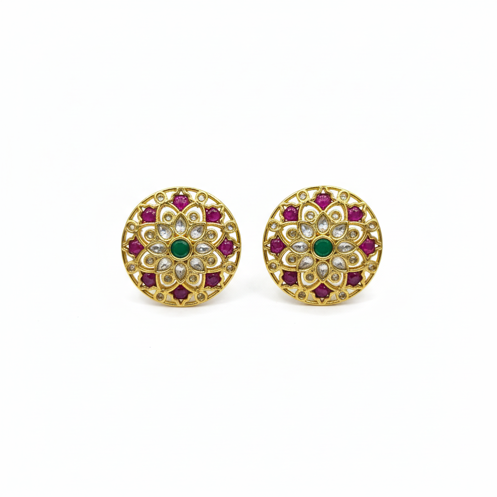 Polki Ruby Kundan Round Stud Earrings white background hero shot