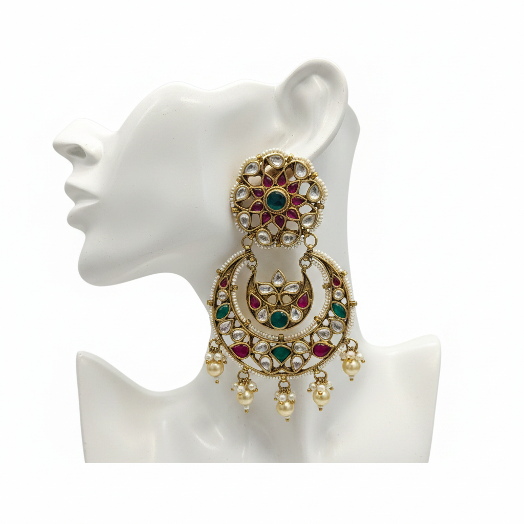 Kundan Kempu Chandbali Earrings 8cm on mannequin ear stand white background
