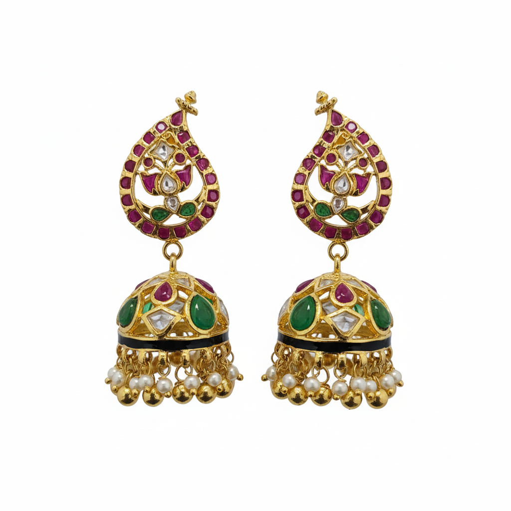 Polki Kundan Jhumka - White Background Hero Shot