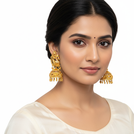Model wearing Peacock Matte Gold Temple Jhumka Earrings on white background - lifestyle photo