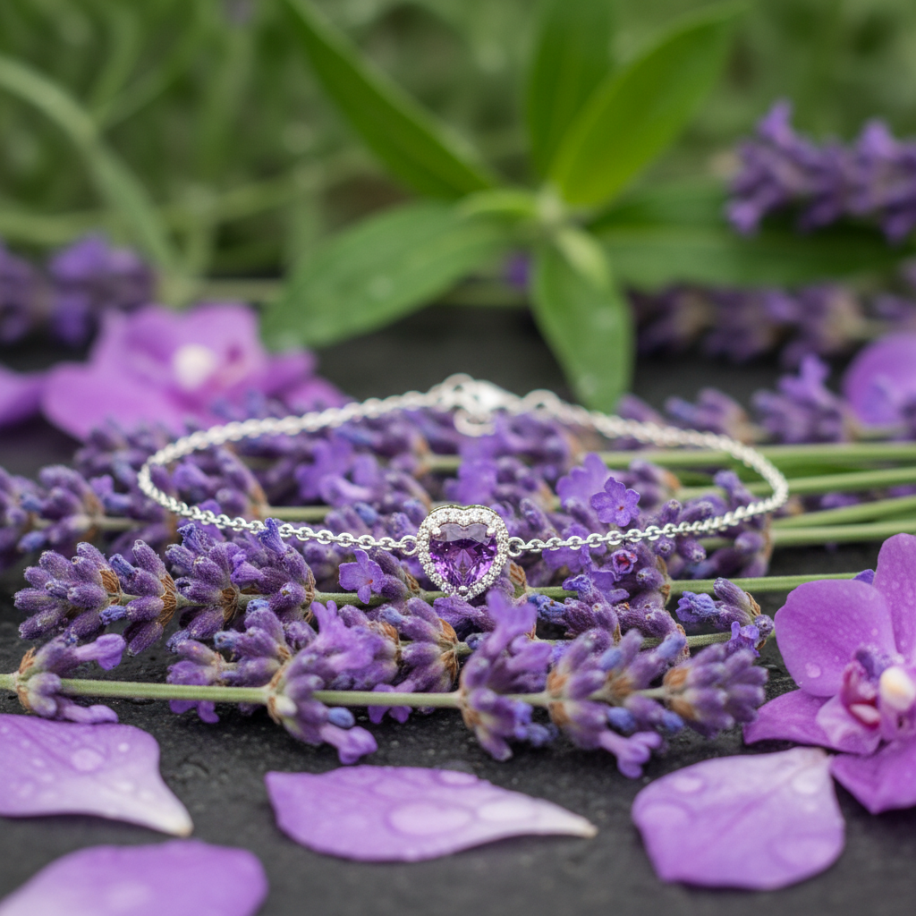 925 silver purple amethyst heart bracelet in natural setting with lavender