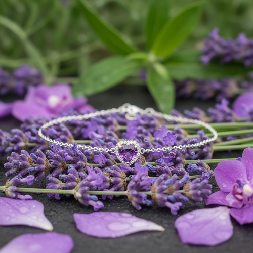 925 silver purple amethyst heart bracelet in natural setting with lavender