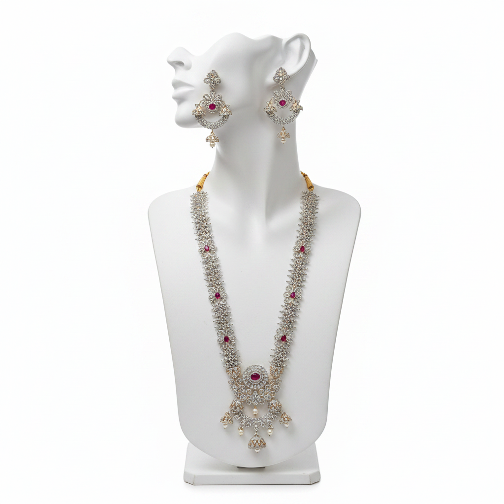 Ruby CZ Long Haram Necklace Set - Mannequin