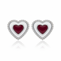 925 Silver Double Heart Earrings for Kids - Red & White Enamel Studs