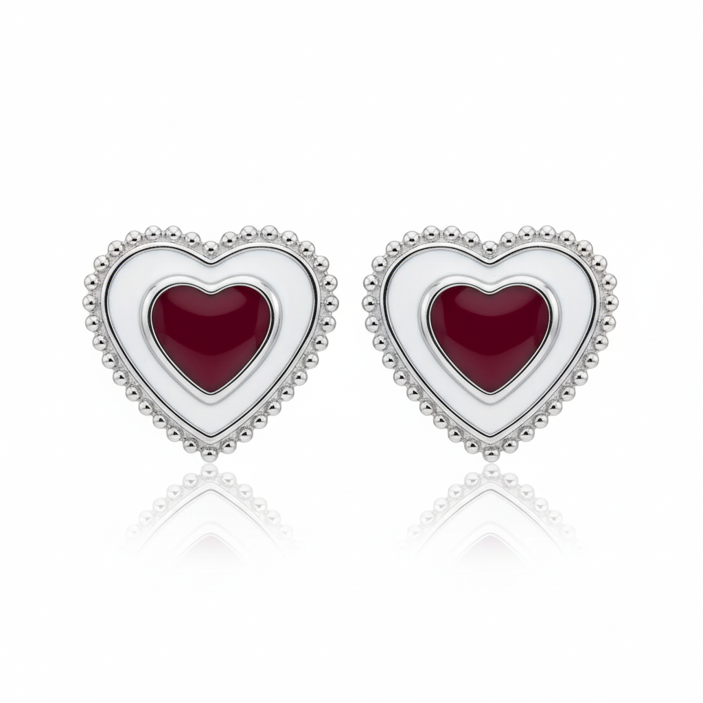 925 Silver Double Heart Earrings for Kids - Red & White Enamel Studs