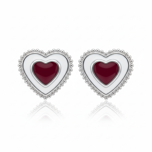 925 Silver Double Heart Earrings for Kids - Red & White Enamel Studs