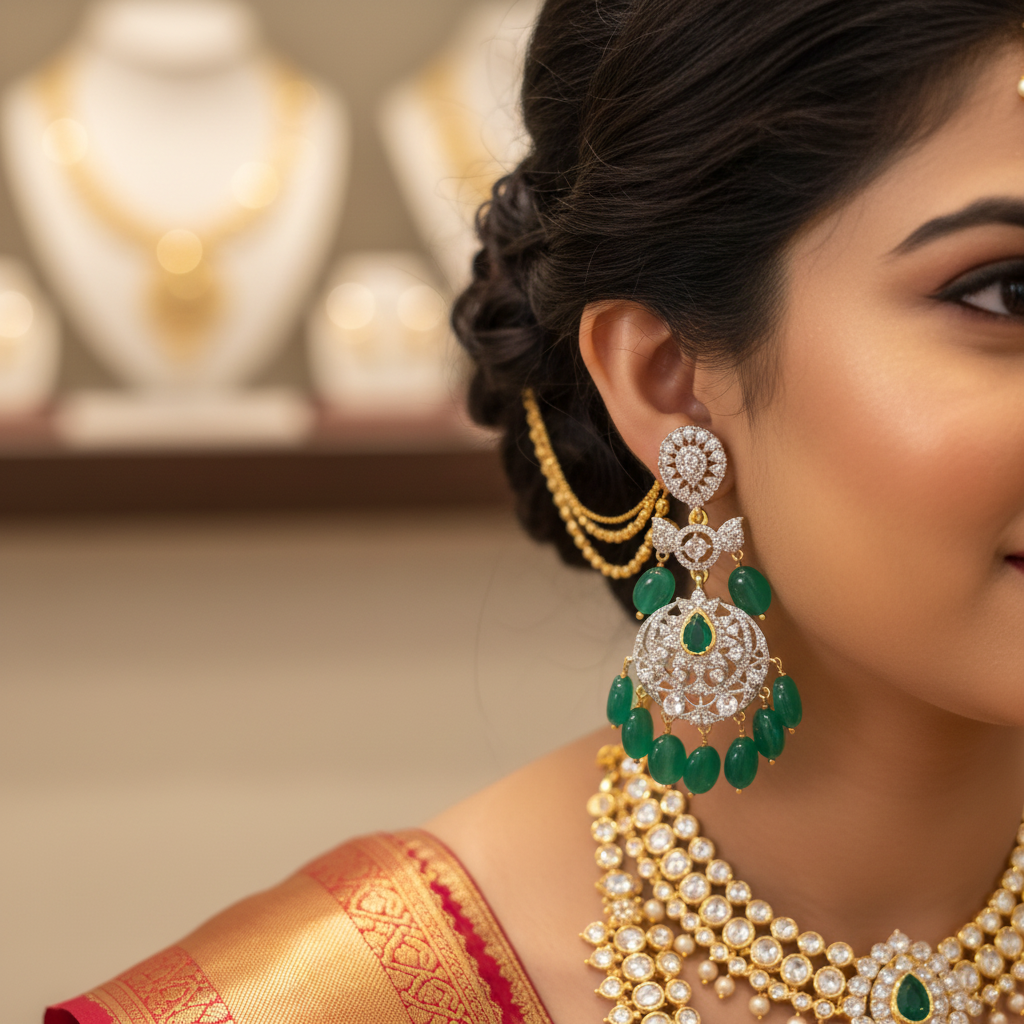 American Diamond Chandbali Earrings - On-Model Bridal Lifestyle Shot