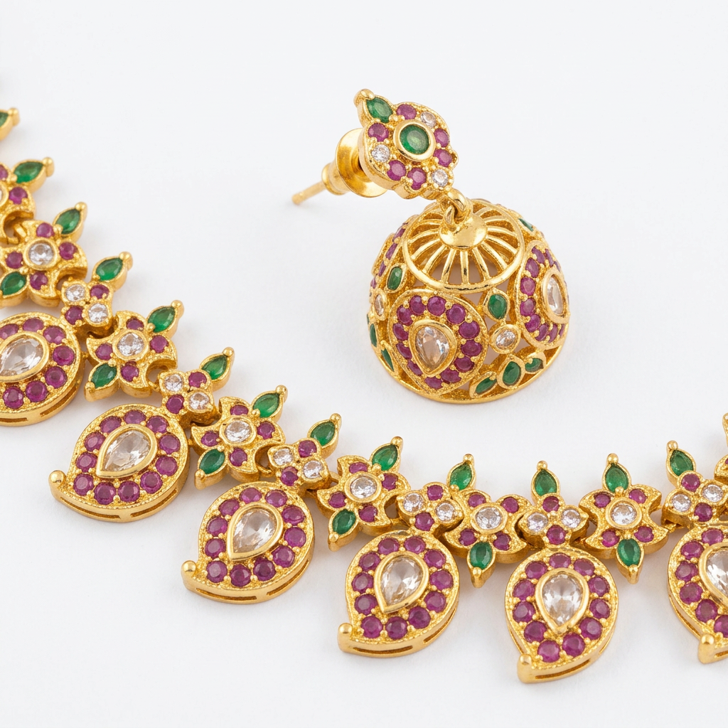 Mango motif and matching jhumka detail close-up