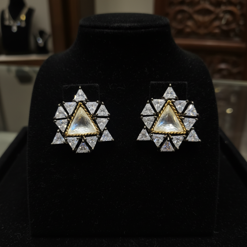 Black Rhodium Polki Star Stud Earrings on velvet display