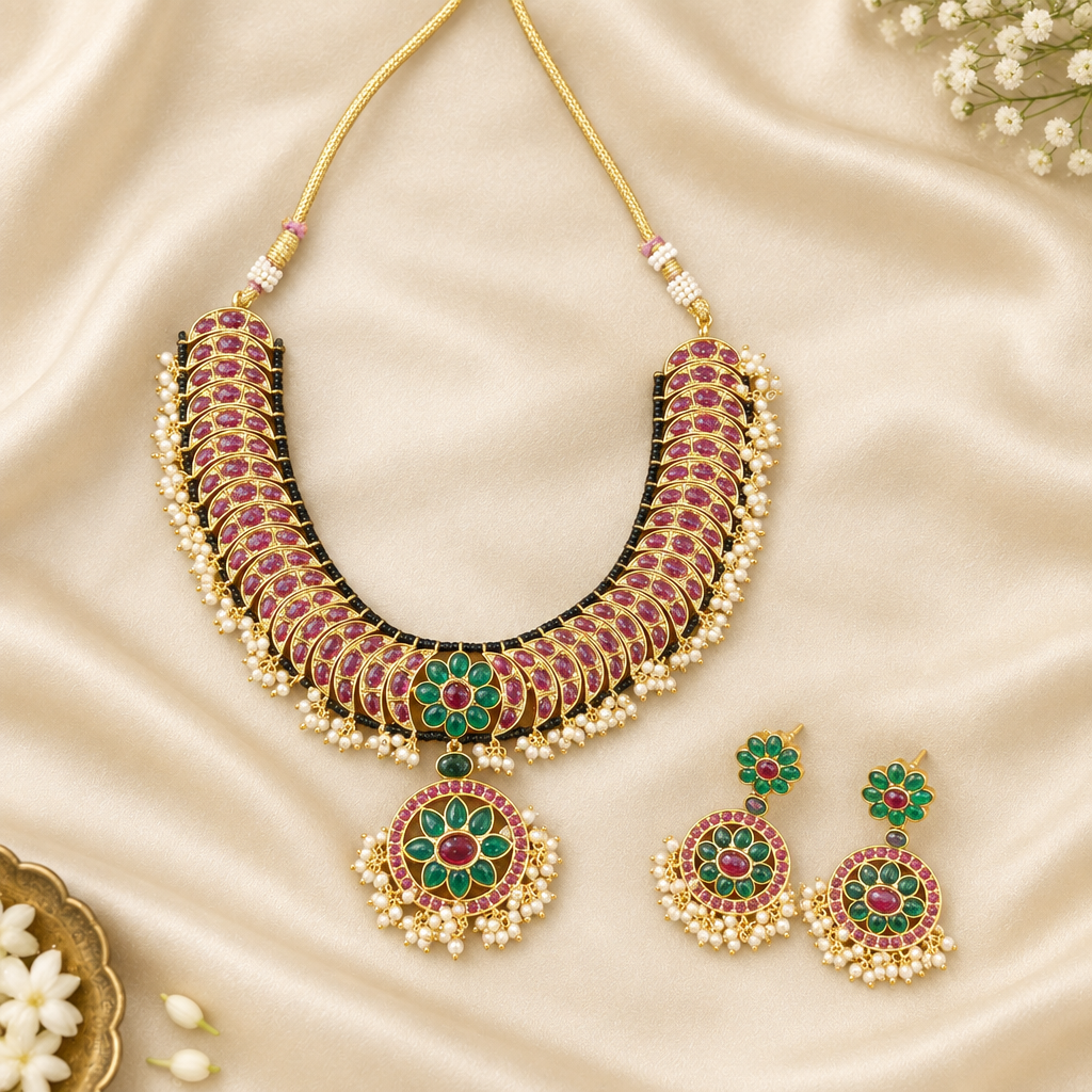 Kempu necklace and matching earrings arranged on cream silk