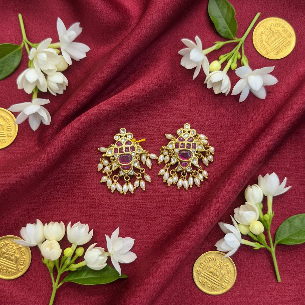 Handmade Kempu Fish Studs - Flat Lay on Red Silk