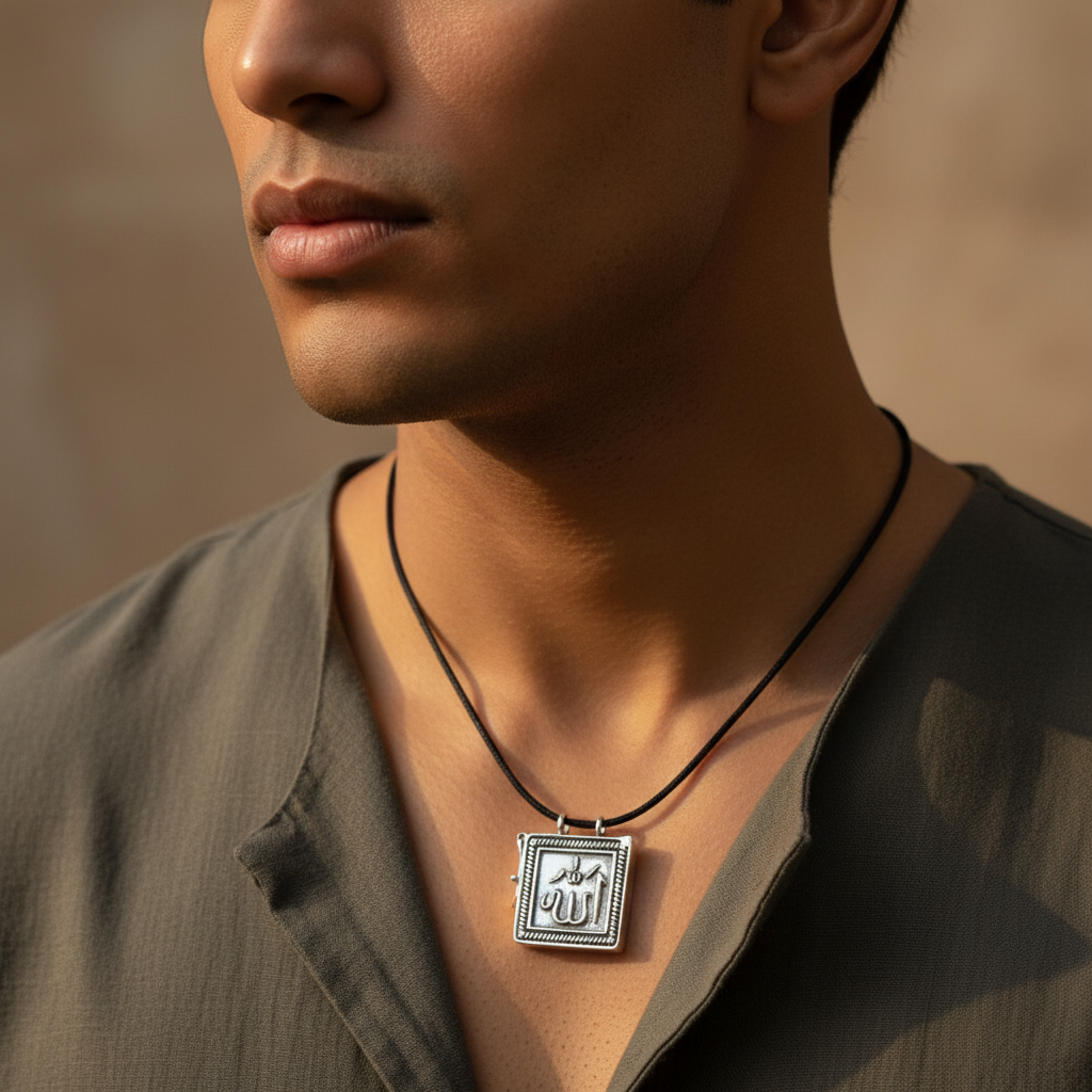 925 Silver Allah Square Locket Amulet Pendant - Lifestyle on Black Thread