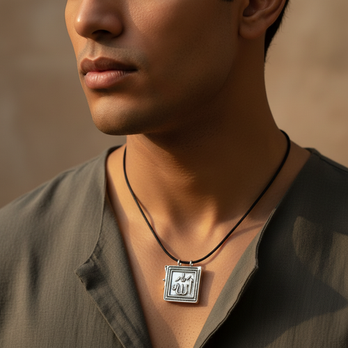 925 Silver Allah Square Locket Amulet Pendant - Lifestyle on Black Thread