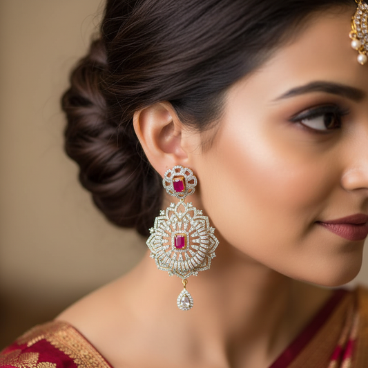 CZ Sunburst Floral Drop Earrings - On-Model Bridal Lifestyle Shot