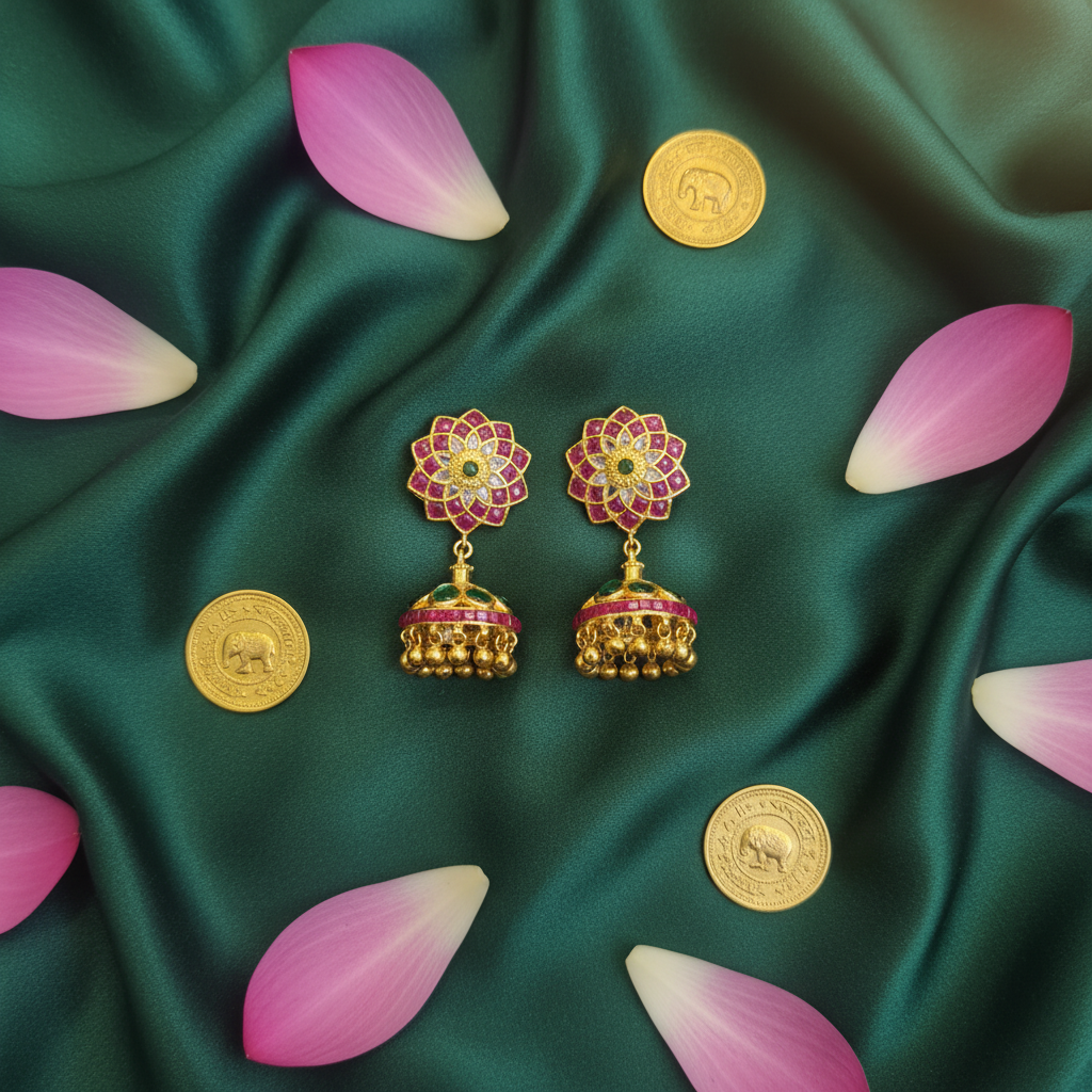Emerald Kundan Lotus Jhumka - Flat Lay on Green Silk