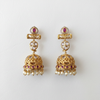 Ruby Polki Long Drop Jhumka Earrings flat lay on white background